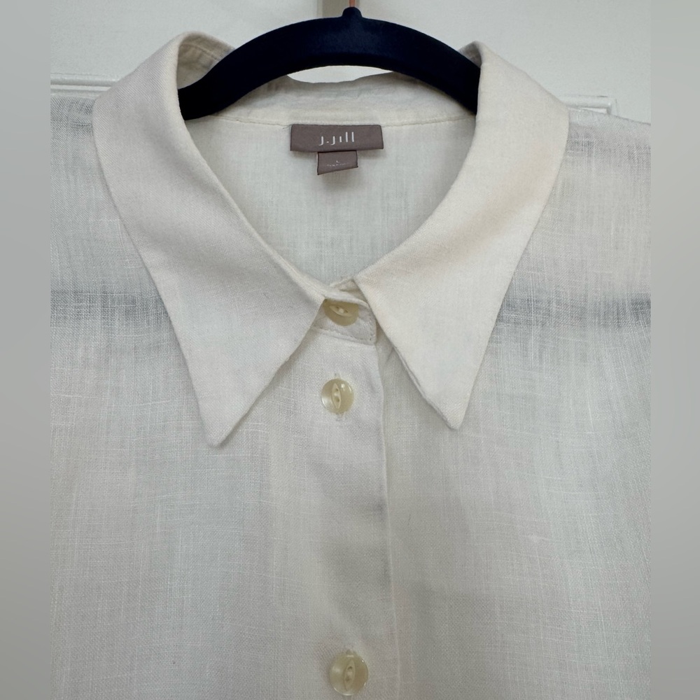 J.Jill 100% Linen Collared Button Down Cinched Short Sleeve White Top Size Large - Picture 4 of 11